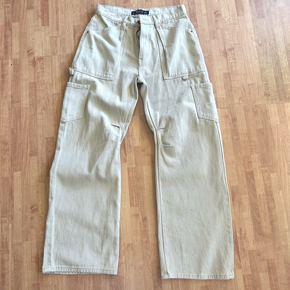 LIONESS Australia Designed Cotton High Waisted Wide Leg Cargo Pants Sz Beige